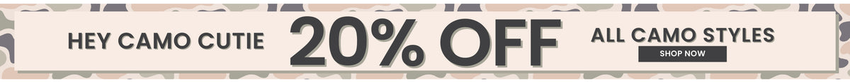 A Caden Lane promotional banner with camouflage-patterned side panels and a light center panel reading 'HEY CAMO CUTIE 20% OFF ALL CAMO STYLES' with a small 'SHOP NOW' button.