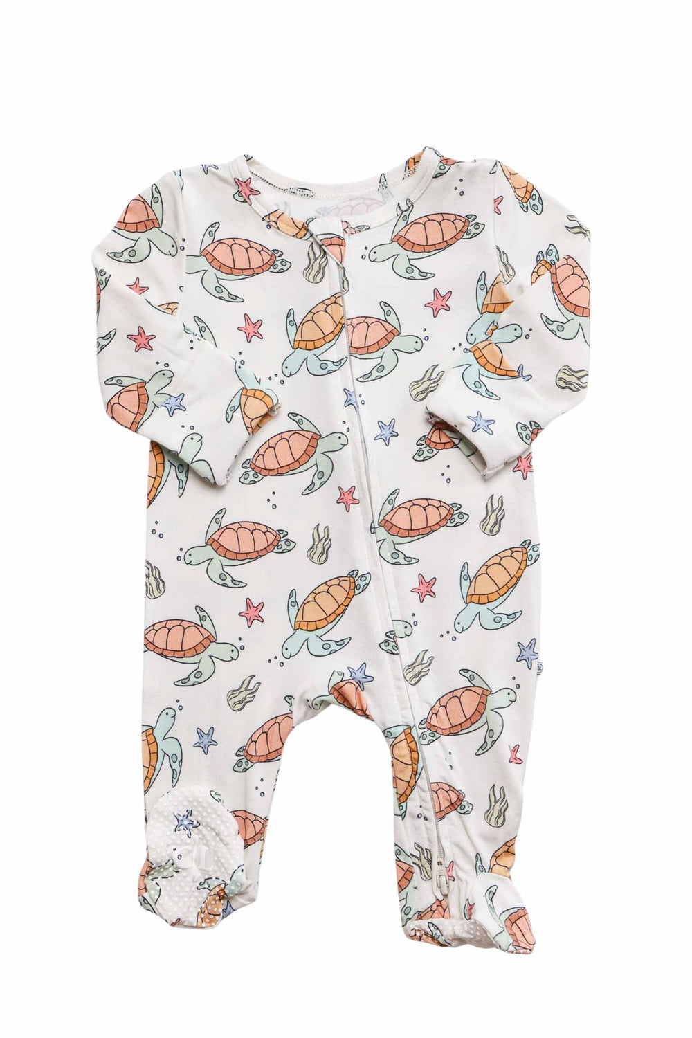 back view of turtley rad bamboo zipper footie showing full turtle print pattern