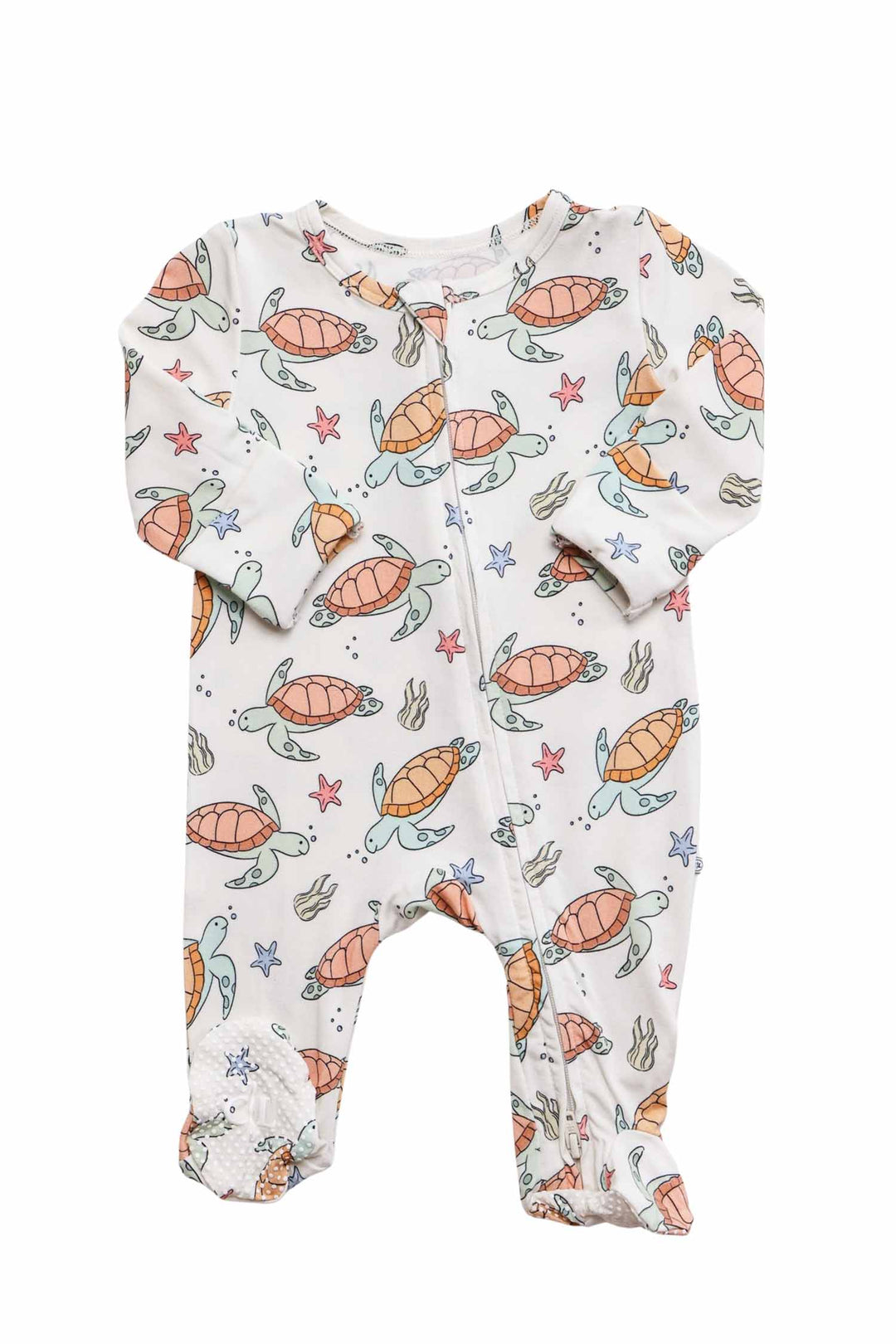 back view of turtley rad bamboo zipper footie showing full turtle print pattern