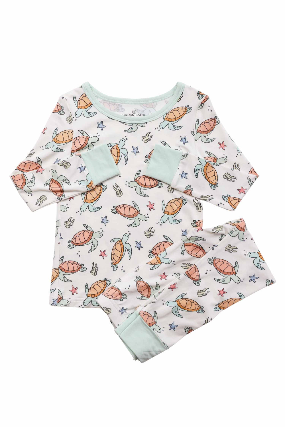 back view of turtley rad bamboo pajama set with all-over turtle print