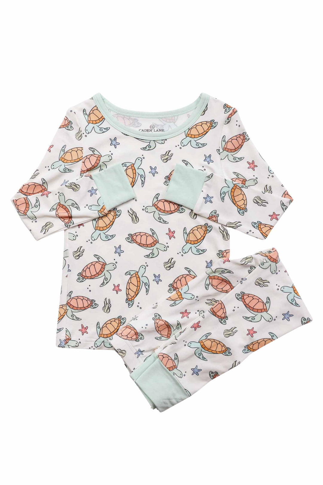 back view of turtley rad bamboo pajama set with all-over turtle print