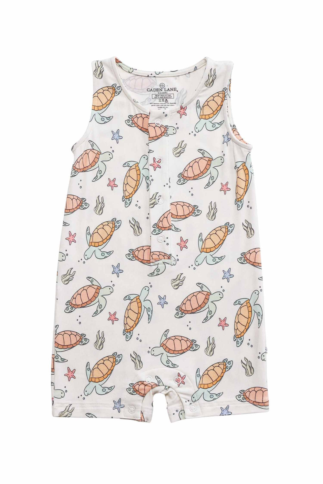 back view of turtley rad bamboo romper with turtle print