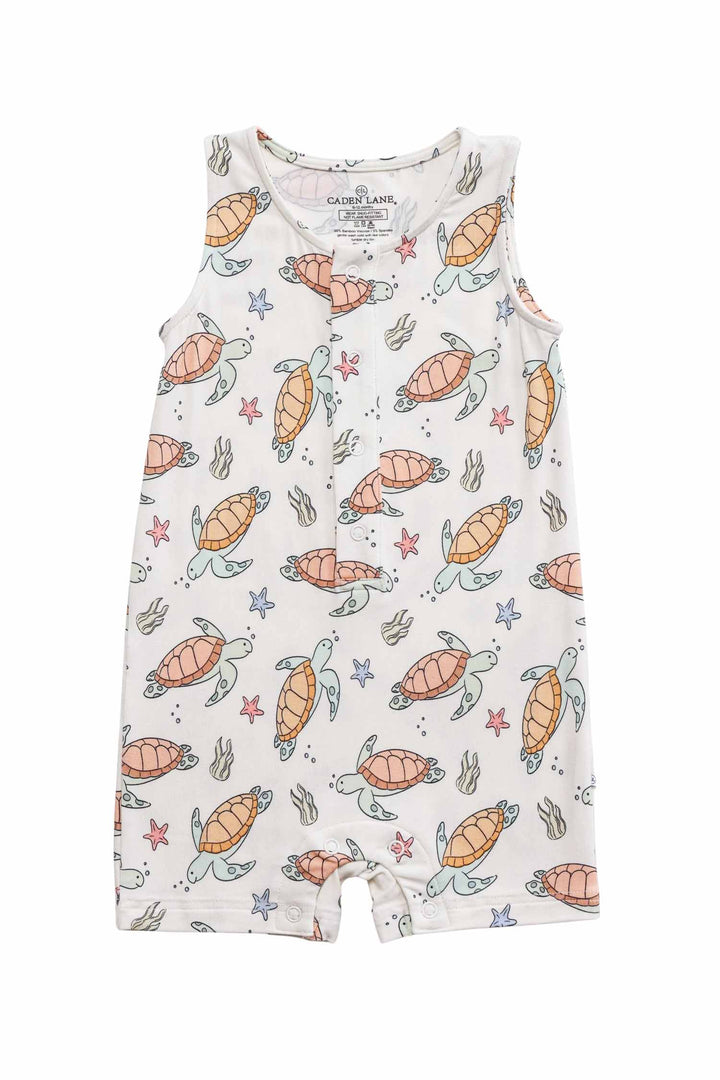 back view of turtley rad bamboo romper with turtle print