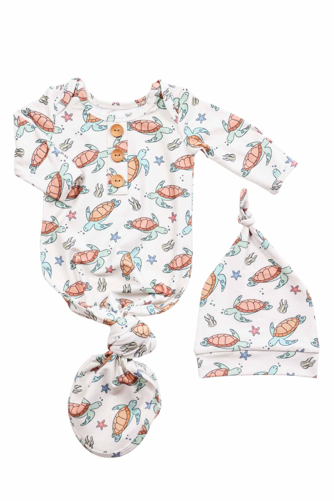 alternate view of newborn baby knot gown & hat set with turtle print in bamboo