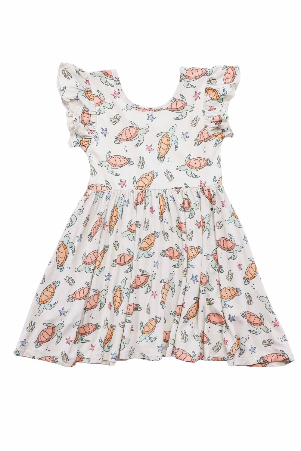 back of turtley rad ruffle twirl dress in bamboo showing turtle print detail