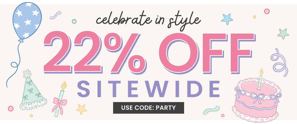 A Caden Lane promotional birthday banner with the text 'celebrate in style 22% OFF SITEWIDE' use code: PARTY. 

In pink and blue lettering, decorated with small party-themed illustrations including balloons, hats, stars, and a cake on a white background.