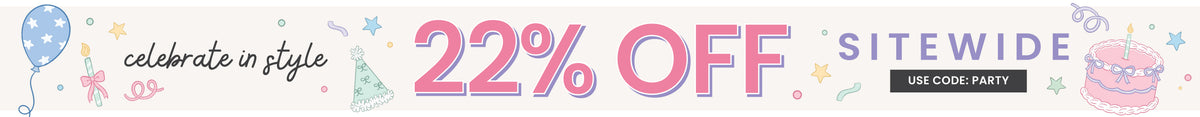 A Caden Lane promotional birthday banner with the text 'celebrate in style 22% OFF SITEWIDE' use code: PARTY. 

In pink and blue lettering, decorated with small party-themed illustrations including balloons, hats, stars, and a cake on a white background.
