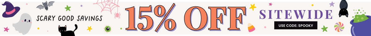Caden Lane Halloween sale banner reading "Scary Good Savings" and "15% Off Sitewide," decorated with witch hats, ghosts, bats, and candy.