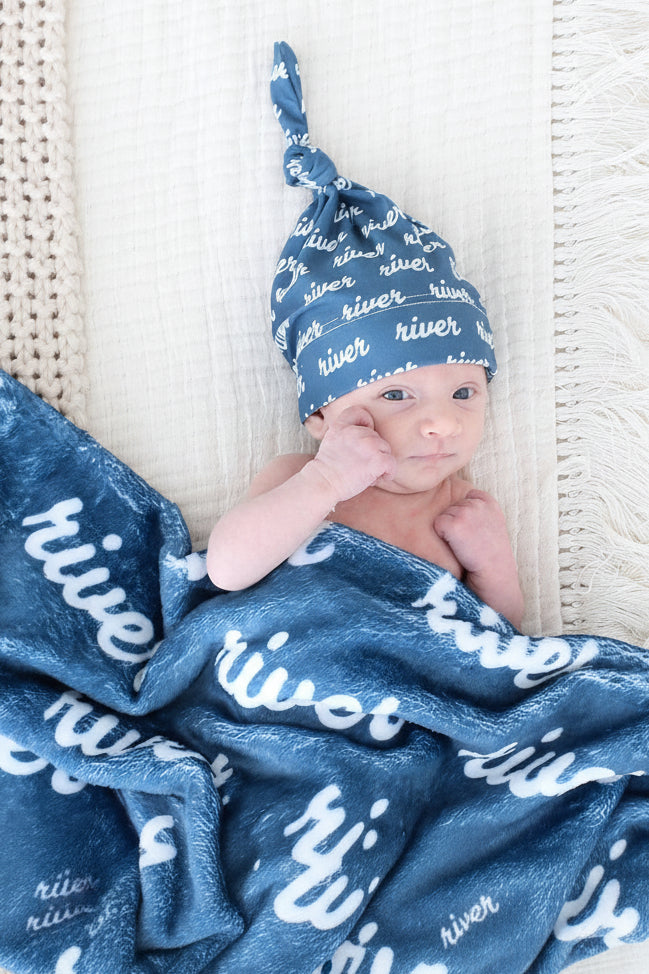 personalized knotted hat baby blues
