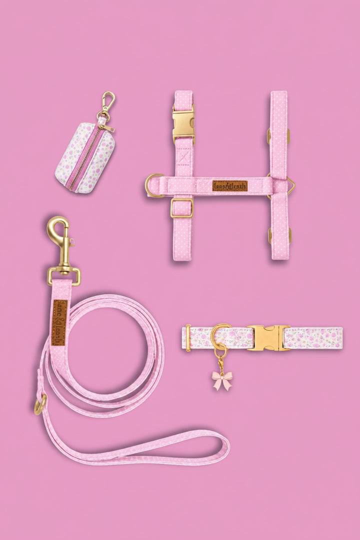 Pink floral pet accessories flatlay on pink background showing matching harness, leash, collar with pink bow charm, and poop bag holder
