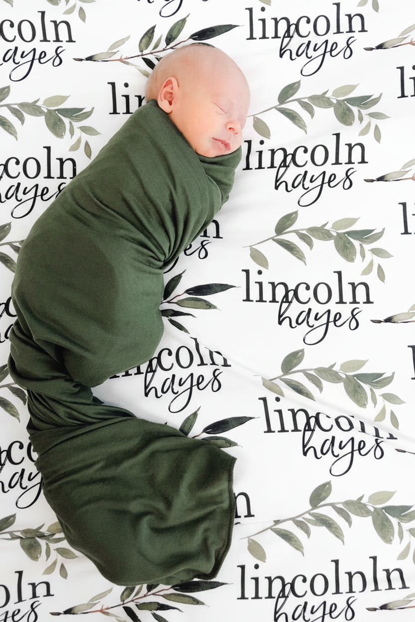 Olive Leaf Personalized Baby Name Swaddle Blanket