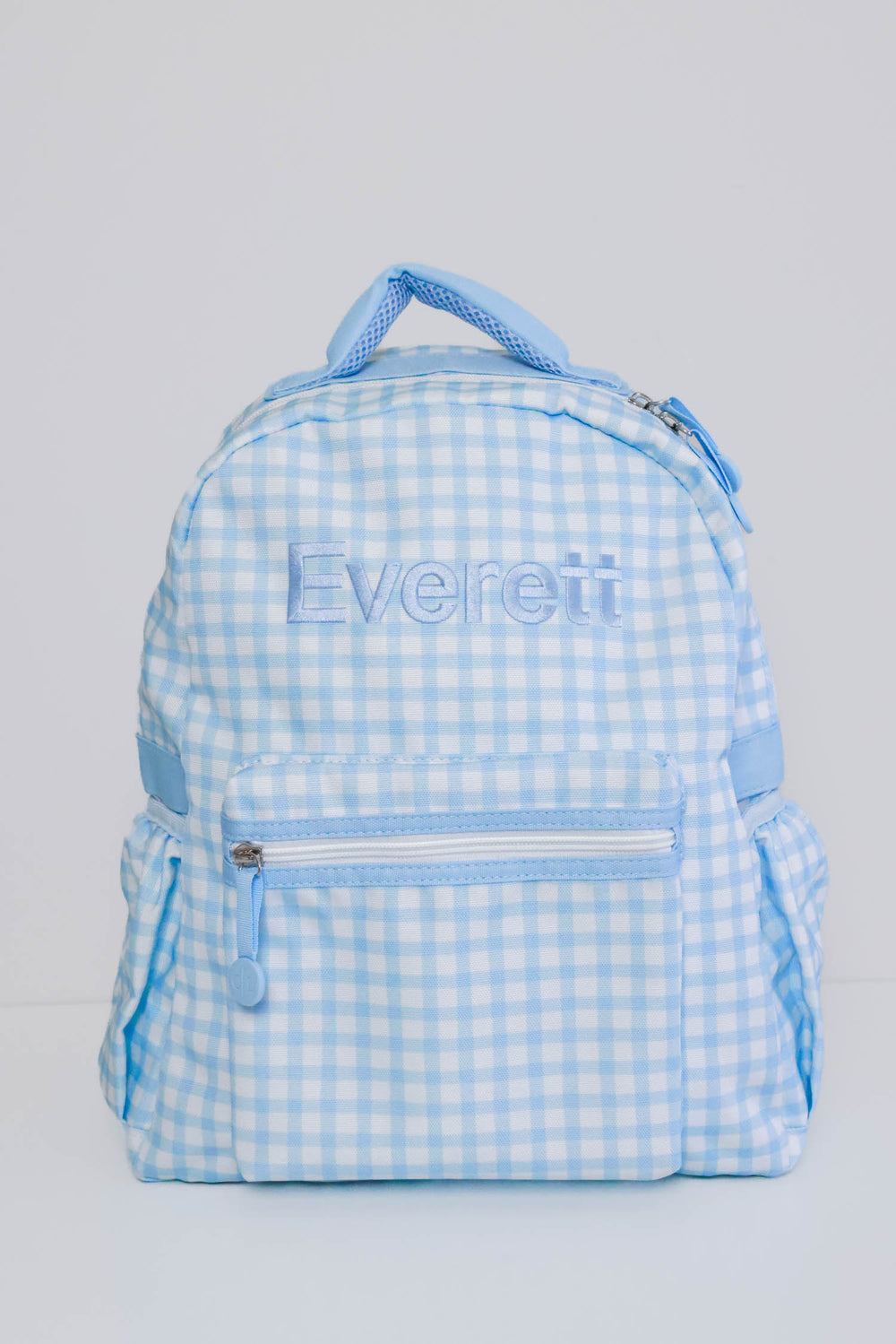 blue and white gingham embroidered backpack for boys