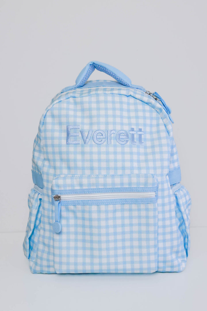 blue and white gingham embroidered backpack for boys