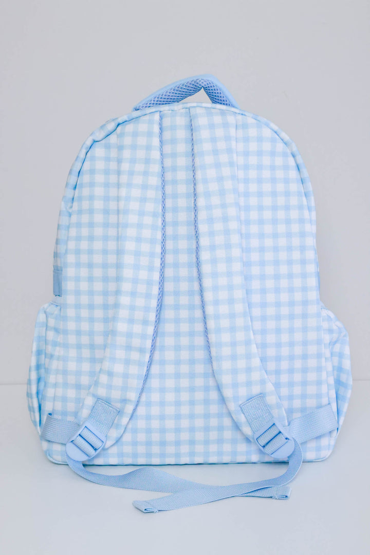 back view of blue gingham backpack 
