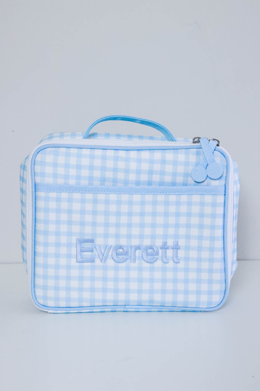 embroidered blue gingham lunchbox for boys 