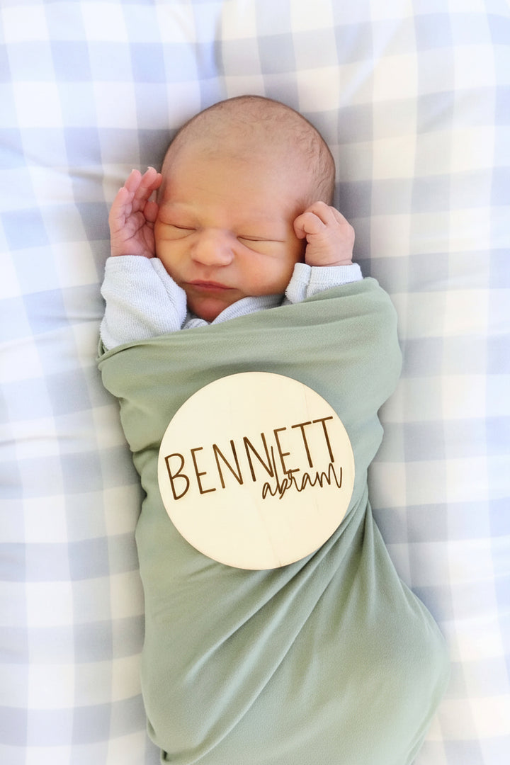 wood name announcement block and script font