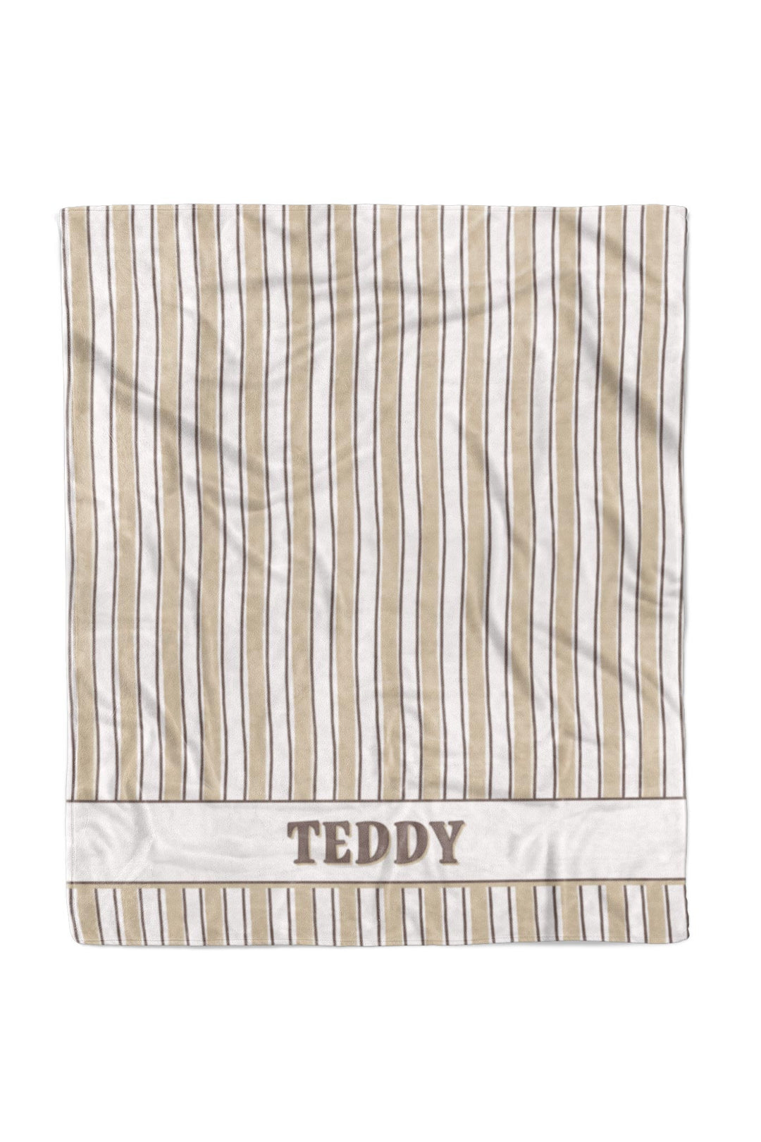 Flat-lay of personalized 50x60 pet blanket in Biscuit Stripe pattern with tan and white vertical stripes, featuring the name TEDDY embroidered on a white border at the bottom