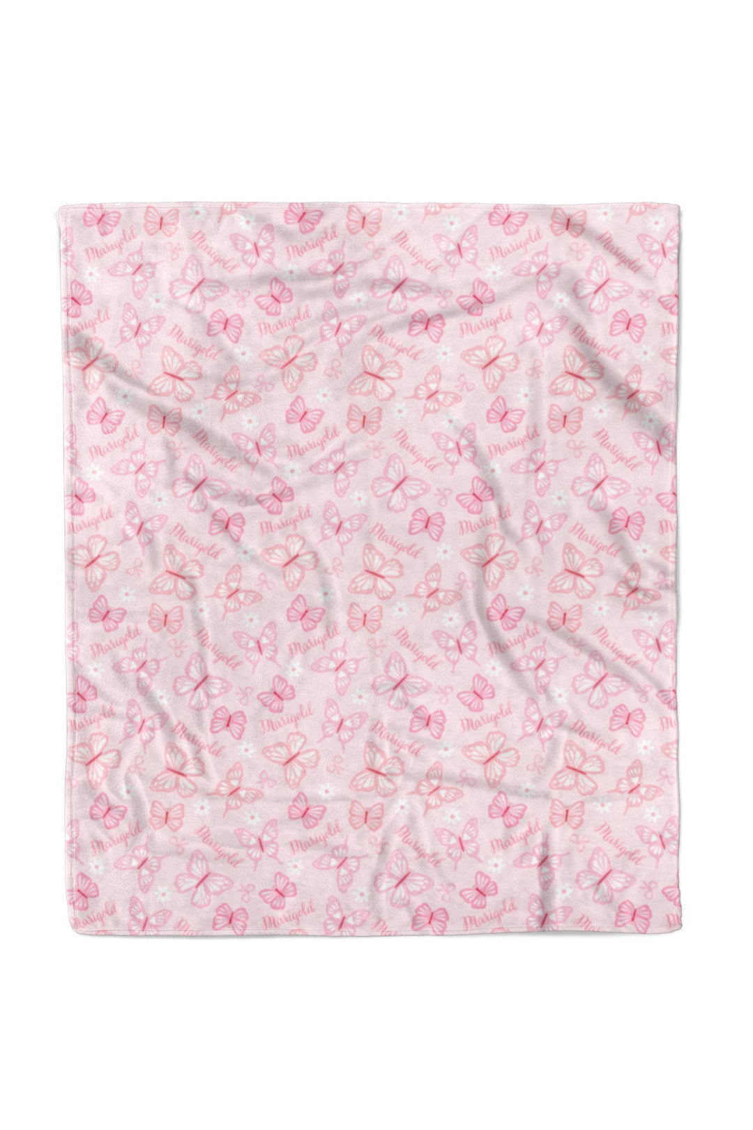 Personalized Kids Blanket in Blooming Butterflies print - 50x60 inch blanket shown folded flat, revealing detailed pink butterfly print with name pattern on soft fabric