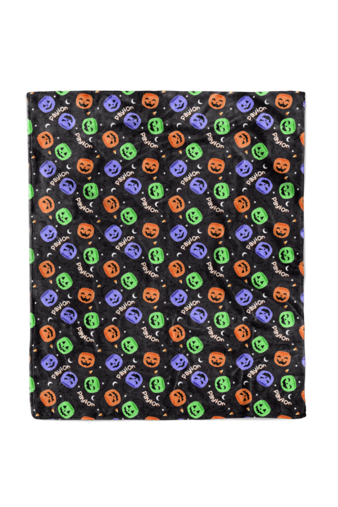 Personalized Halloween blanket, 50x60, in black fleece with repeating colorful jack-o-lantern print and custom name text