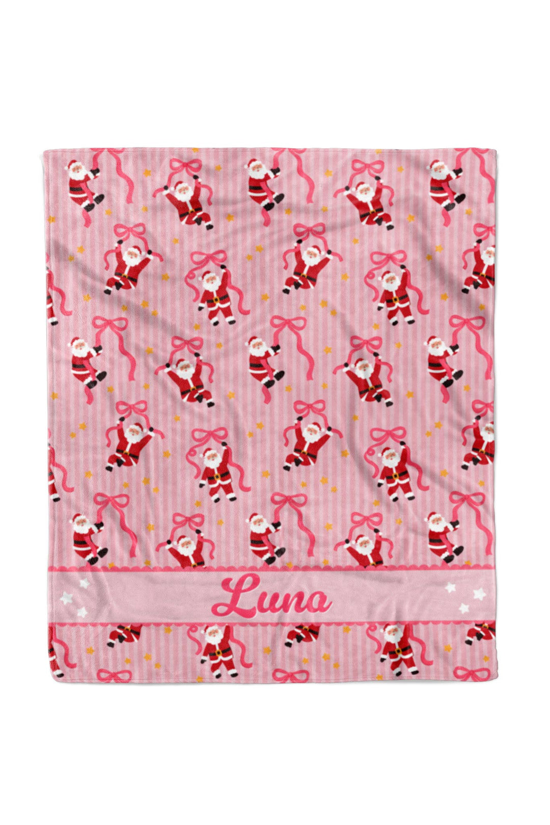 Lane & Leash personalized Christmas pet blanket featuring a repeating pattern of Santa Claus figures with pink bows and gold stars, finished with a solid pink personalized name band reading 'Luna' at the bottom.