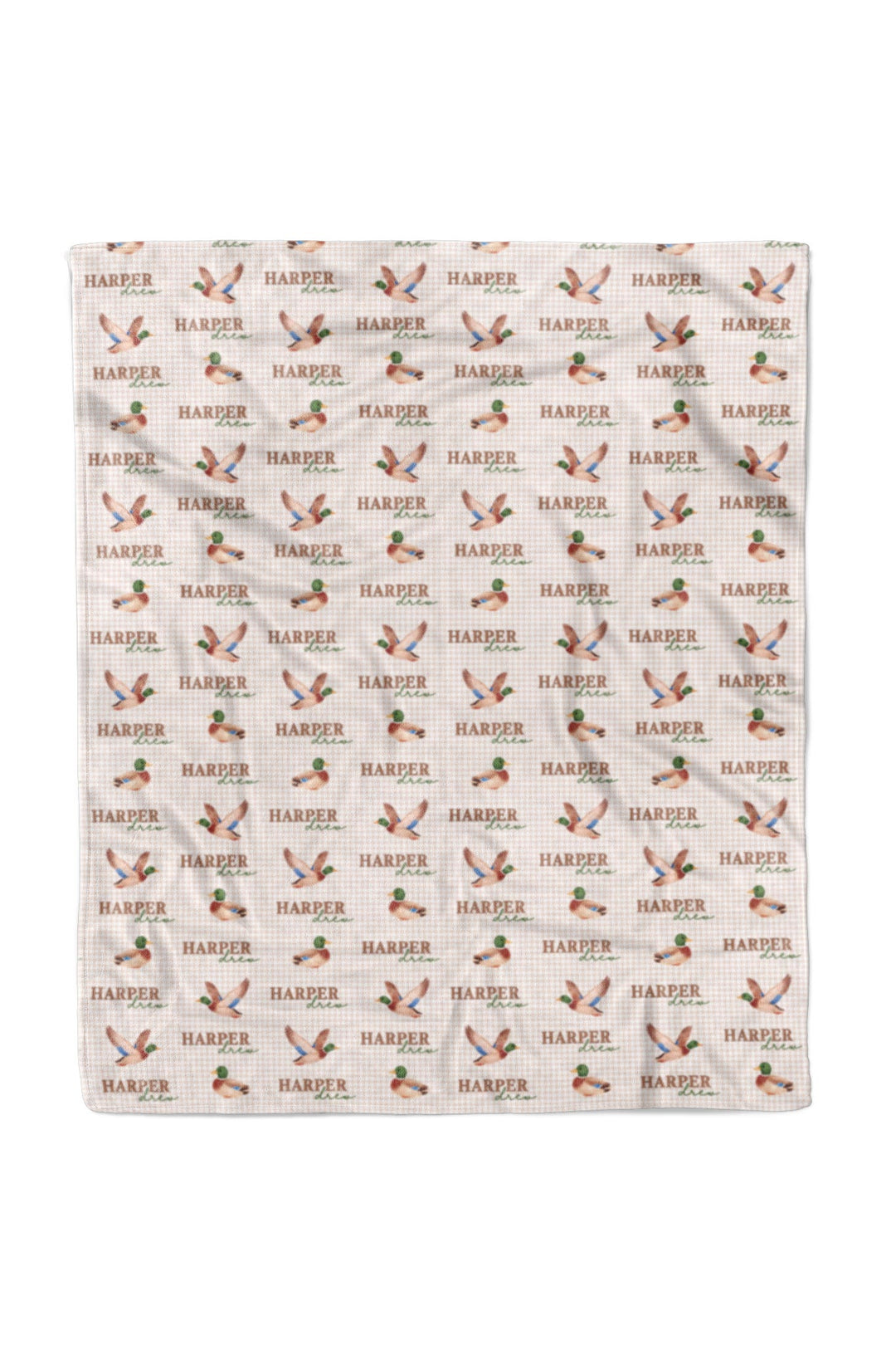 Full-size personalized little mallard duck print blanket laid flat showing complete repeating mallard duck and name pattern, 50x60 size