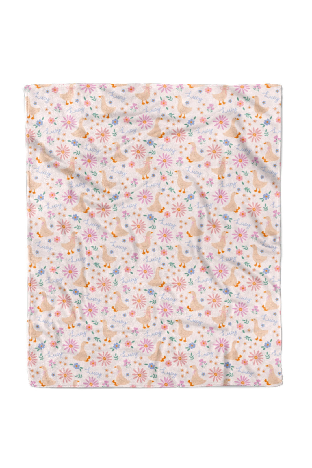 Lucy Goosy Personalized Kids Blanket laid flat showing the full duck and floral print pattern on a white background, 50x60 inches