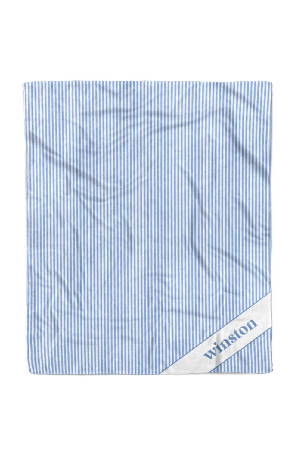 Light blue and white striped personalized pet blanket (50x60) with "Winston" embroidered in the corner, Morning Mist print