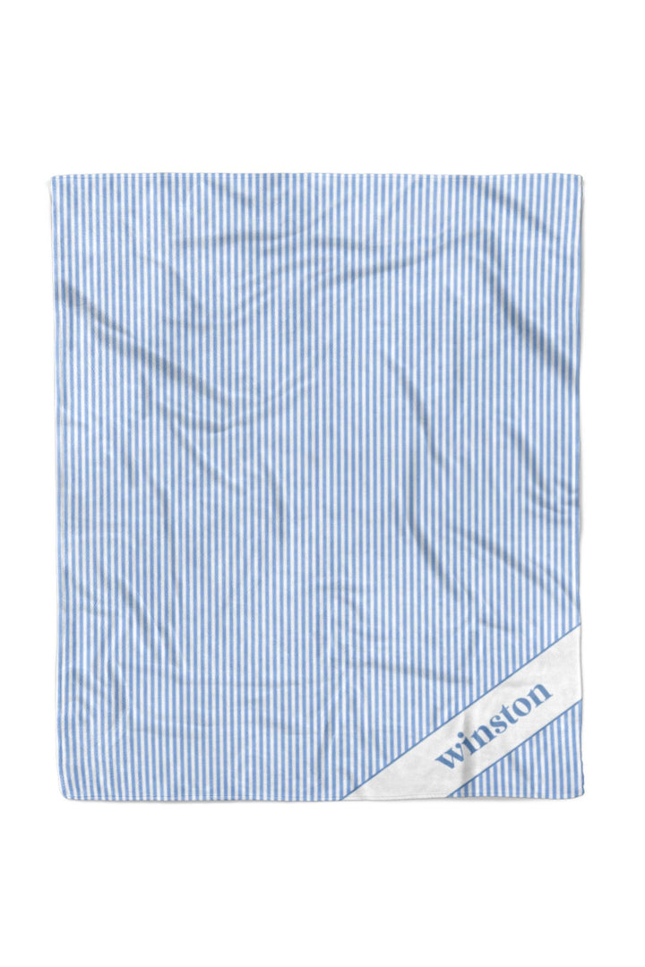 Light blue and white striped personalized pet blanket (50x60) with "Winston" embroidered in the corner, Morning Mist print