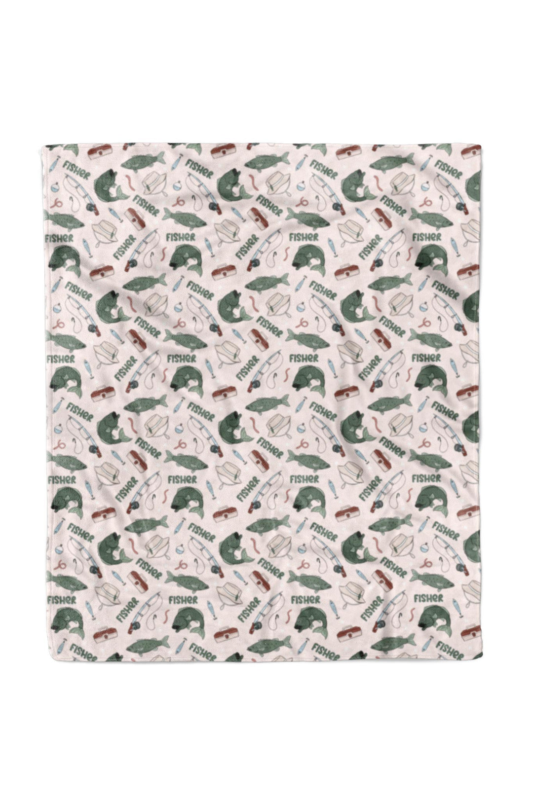 Personalized Off The Hook kids blanket spread flat showing full fishing themed print with custom name repeat pattern