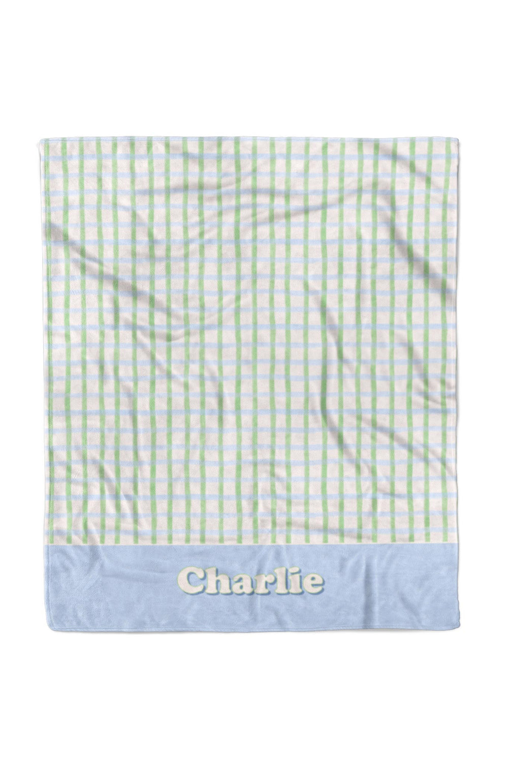 Personalized pet blanket in green and blue picnic plaid with a solid blue border at the bottom, personalized with the name "Charlie"