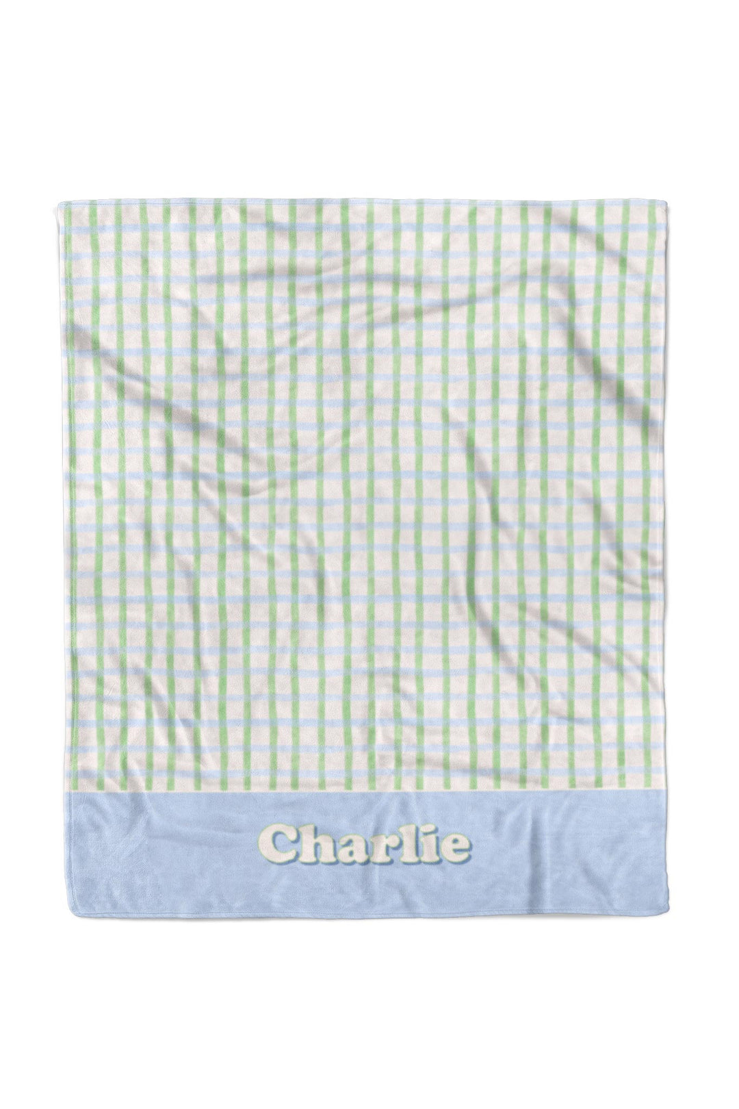 Personalized pet blanket in green and blue picnic plaid with a solid blue border at the bottom, personalized with the name "Charlie"