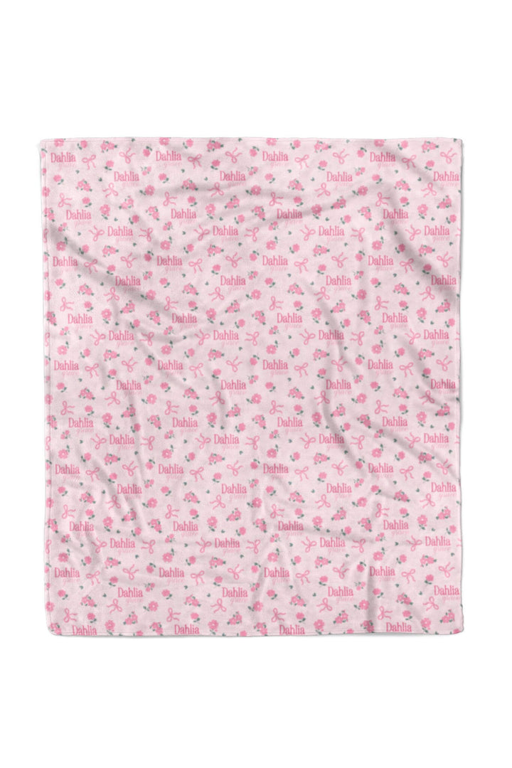 50 x 60 personalized blanket for girls with pink flowers and ribbon bows 