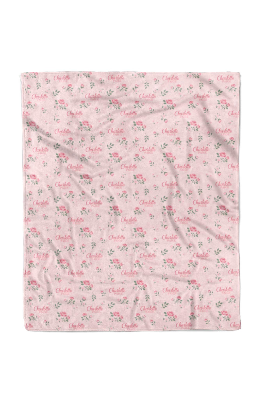 Caden Lane personalized 50x60 throw blanket, Rose Garden Blush pink rose pattern with custom name, flat lay