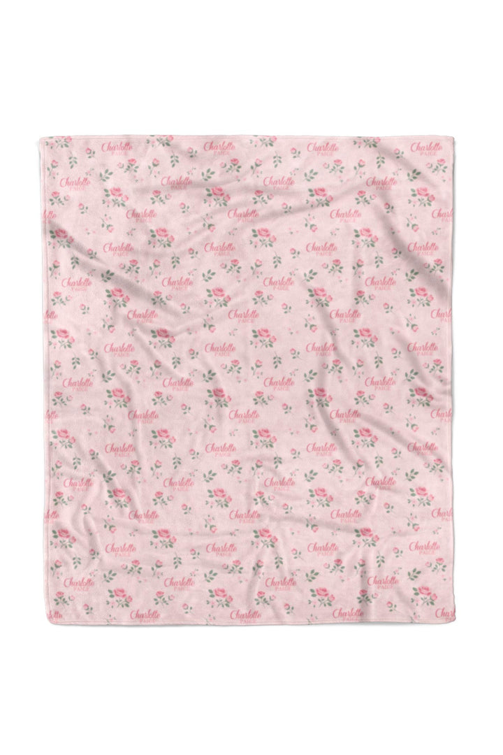 Caden Lane personalized 50x60 throw blanket, Rose Garden Blush pink rose pattern with custom name, flat lay