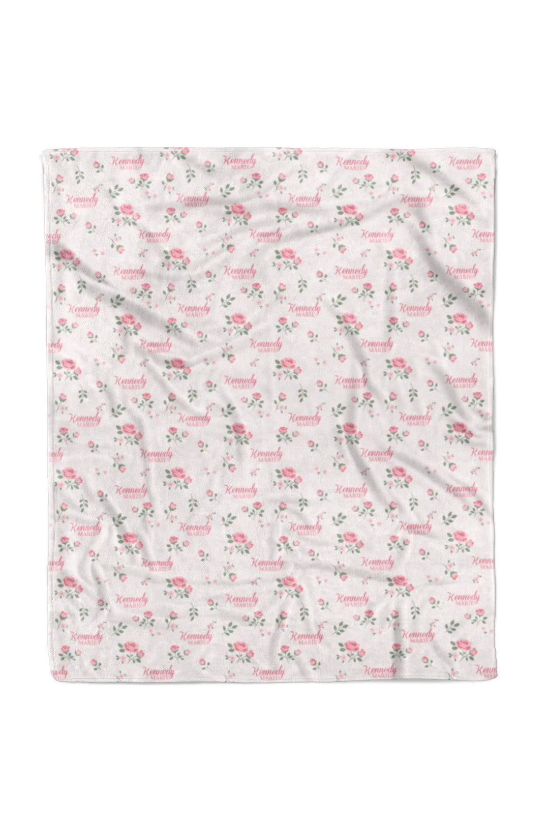 Caden Lane personalized 50x60 throw blanket, Rose Garden White pink rose pattern with custom name, flat lay