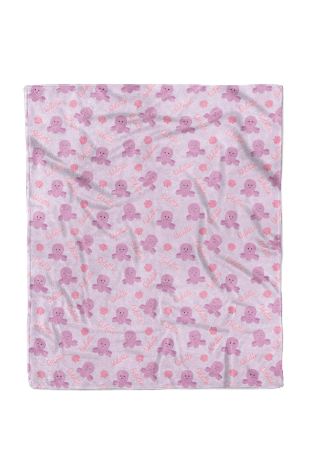 personalized sea snuggles kids blanket flat lay — full view of lavender plush with purple octopus, pink seashells, and custom name