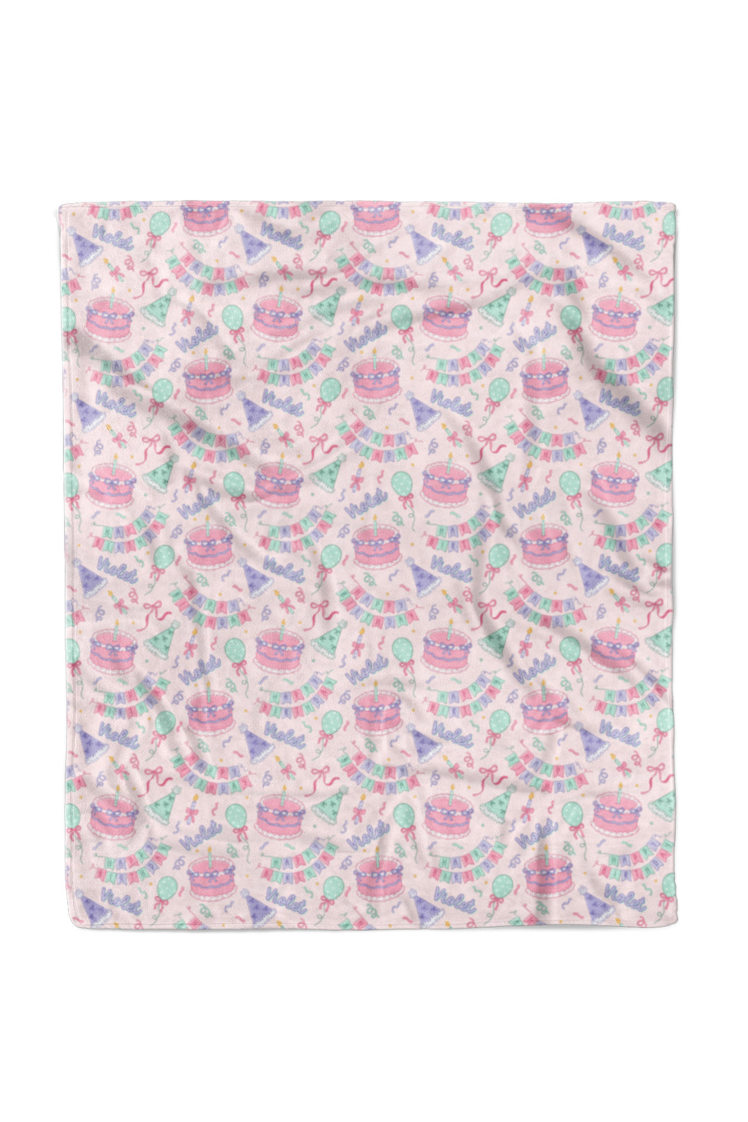 A Caden Lane personalized blanket with child's name and 'HAPPY BIRTHDAY' text on a light pink background.