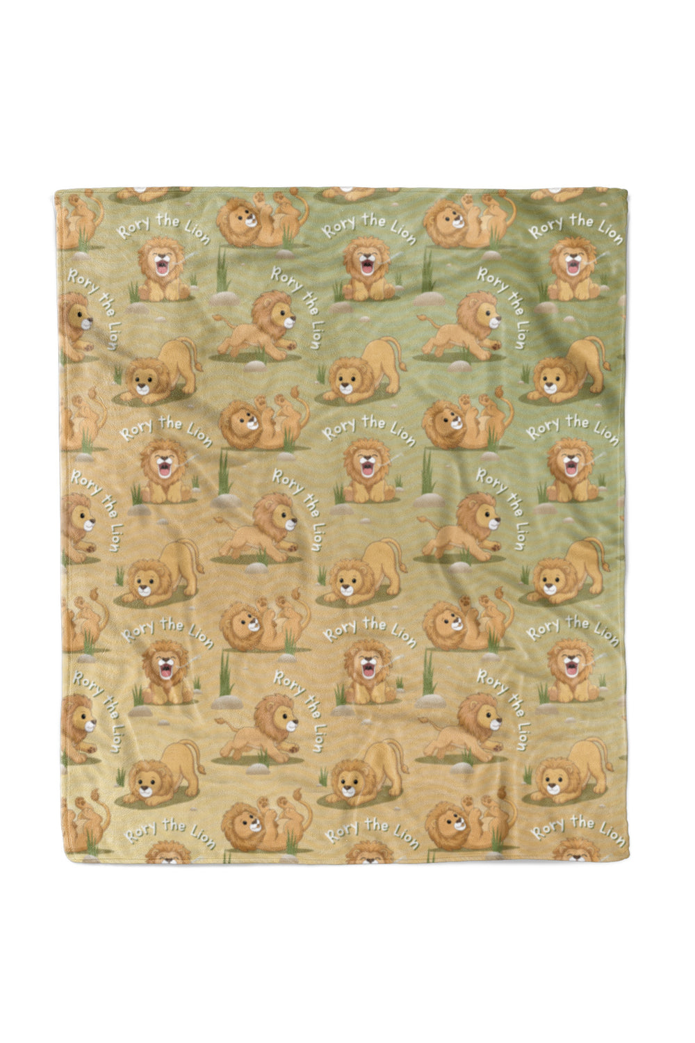 Flat lay of a Caden Lane personalized "Rory the Lion" fleece baby blanket in a green-to-tan ombre pattern, covered in a repeating print of a playful lion character in different poses with "Rory the Lion" text arched throughout