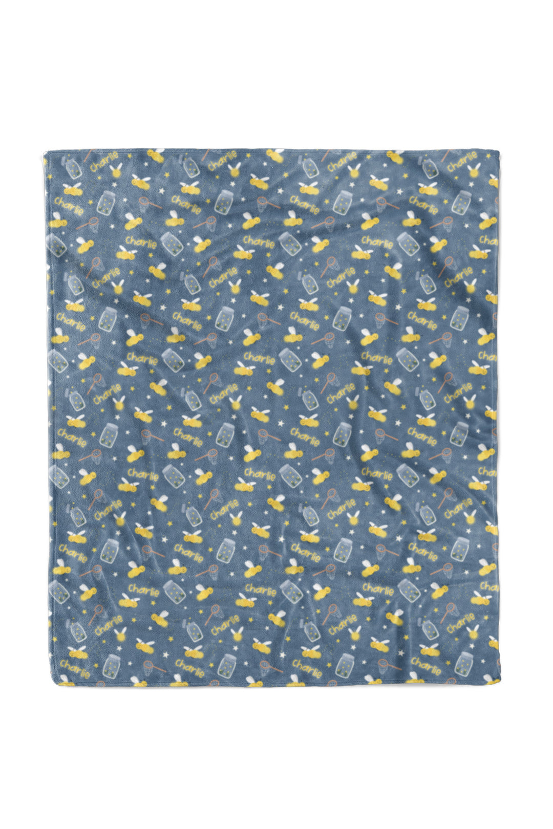 Flat lay of a Caden Lane blue 50x60 plush personalized blanket in a Chasing Fireflies print featuring fireflies and mason jars.