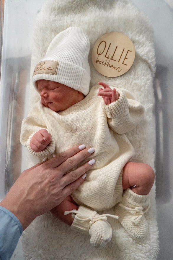babies sweater knit bodysuit with footies and beanie in cream