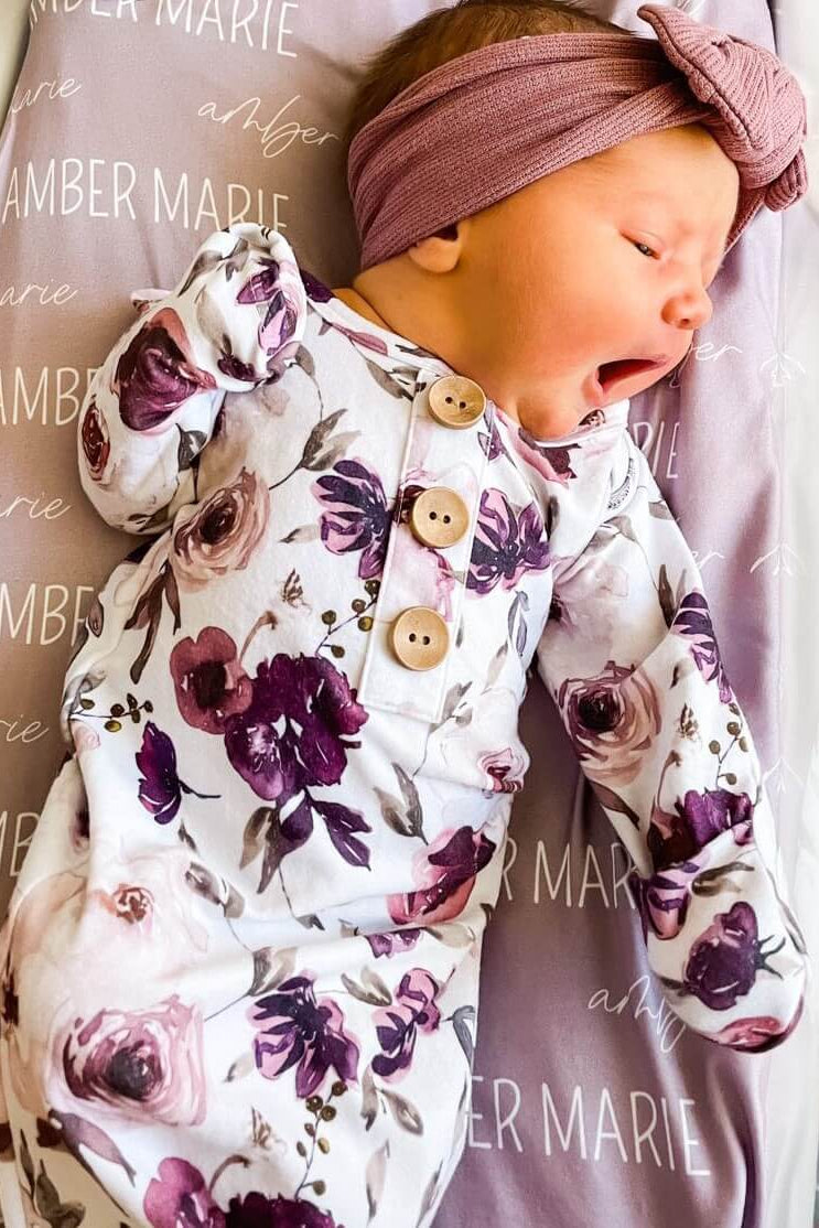 dusty purple floral newborn knot gown