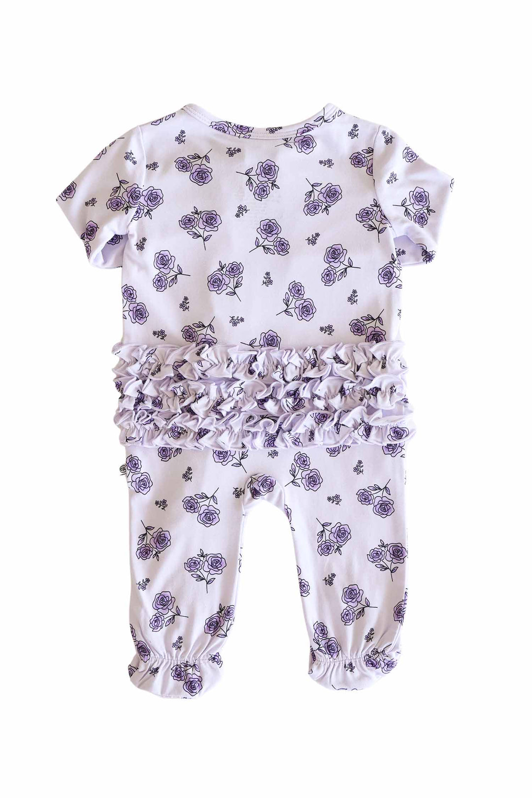 back view of amethyst garden ruffle zipper footie 