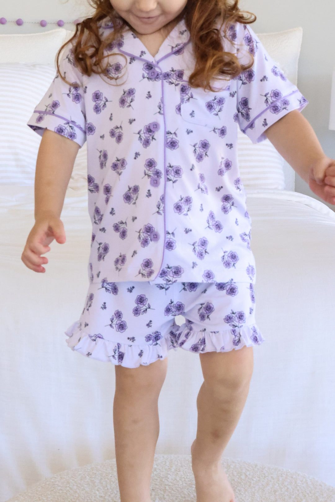 closeup of amethyst garden button up short lounge set 