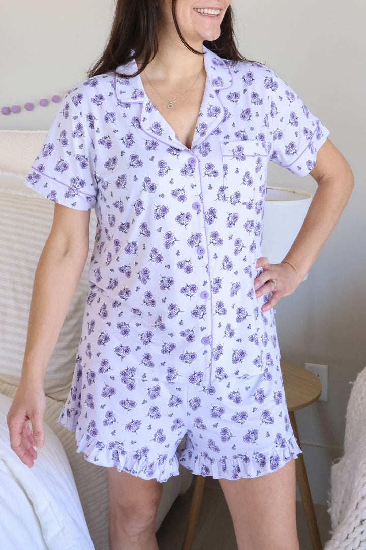 mom standing with hand on hip in amethyst garden lounge set 