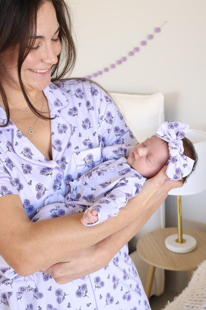 purple amethyst garden mom set and ruffle footie 