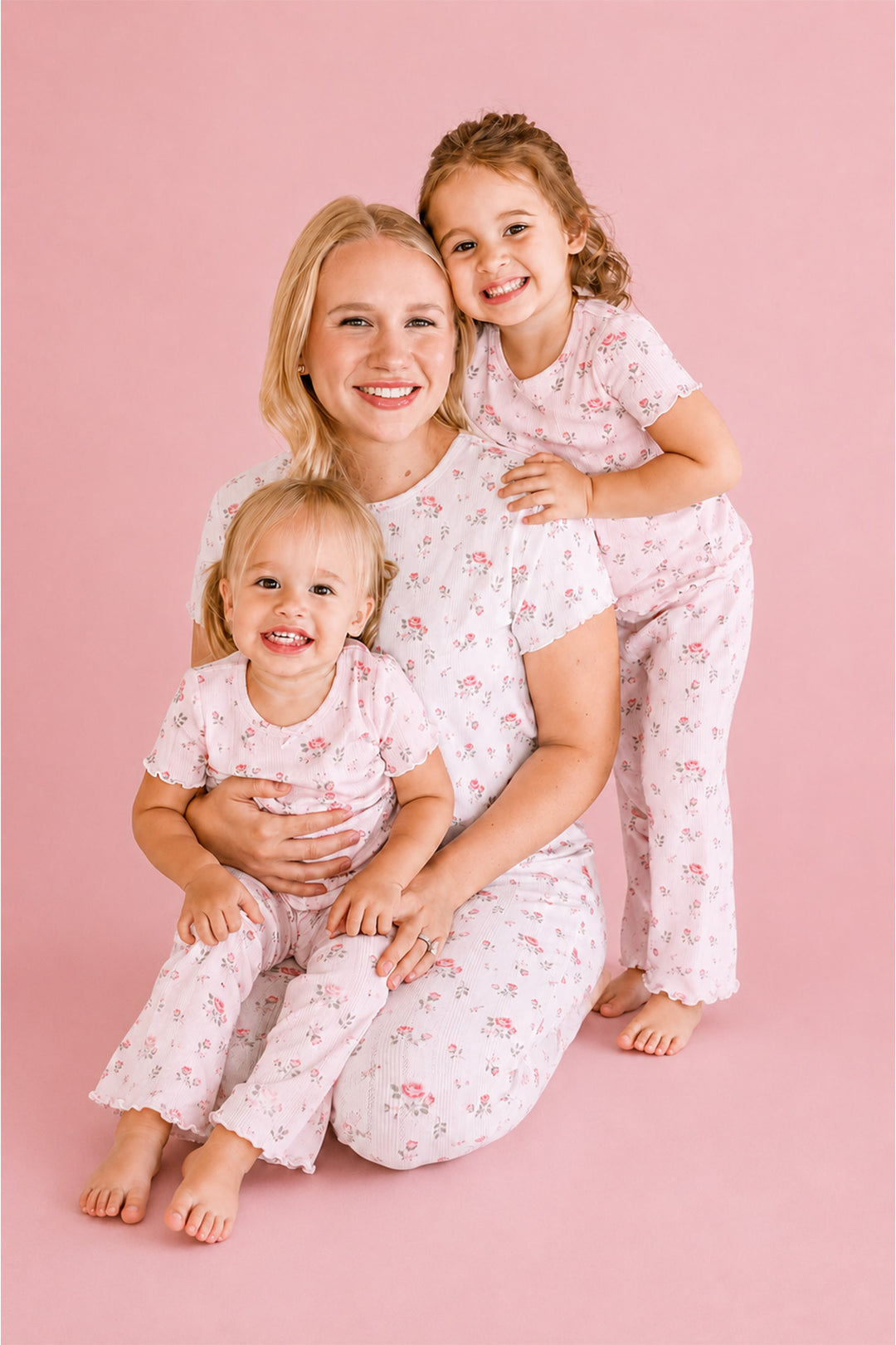 Caden Lane Rose Garden matching pajamas, mom and two daughters in white and pink floral pointelle pajama sets, mommy and me