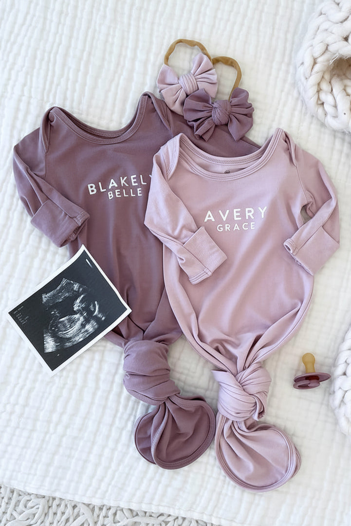 personalized newborn knot gown purple