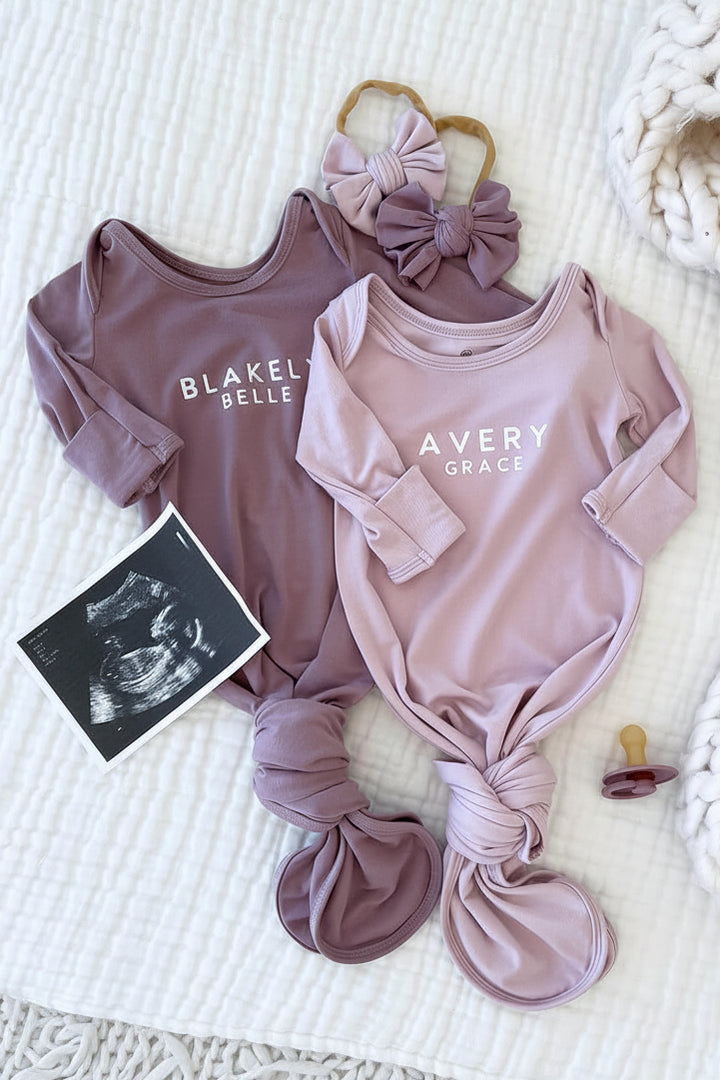 personalized newborn knot gown purple