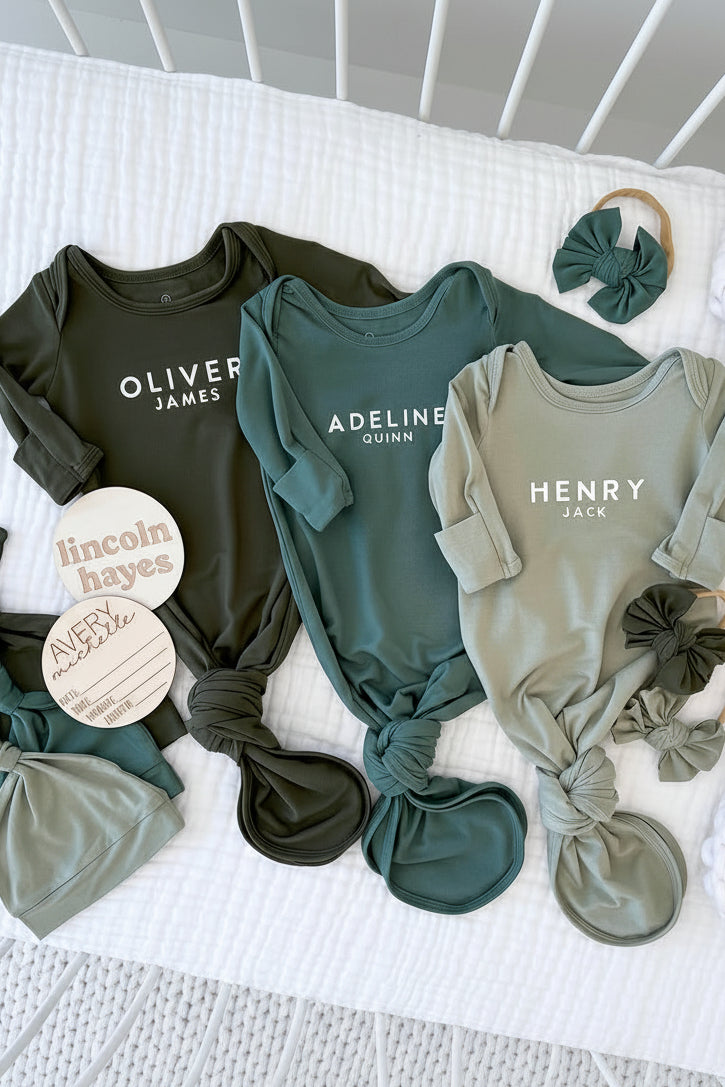 personalized baby name knot gown and hat set greens