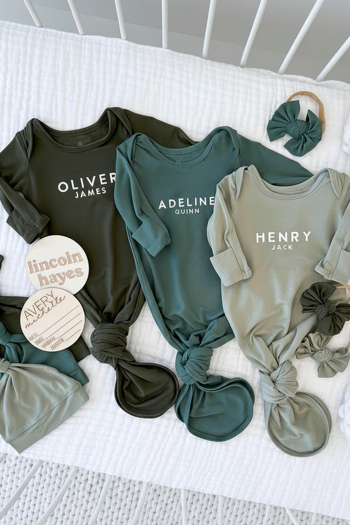 personalized baby name knot gown and hat set greens